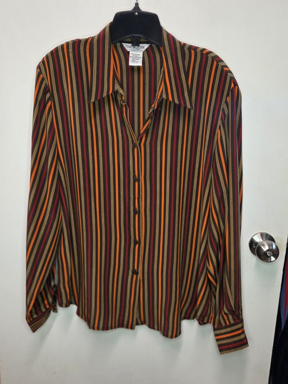 Vintage 90s The Work Connection Striped Silk Button Down in Brown Orange Size XL